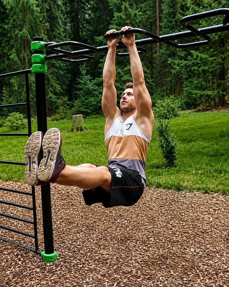 Michael beim Training an der Stange in einem Calisthenics-Park, L-Sit-Position.